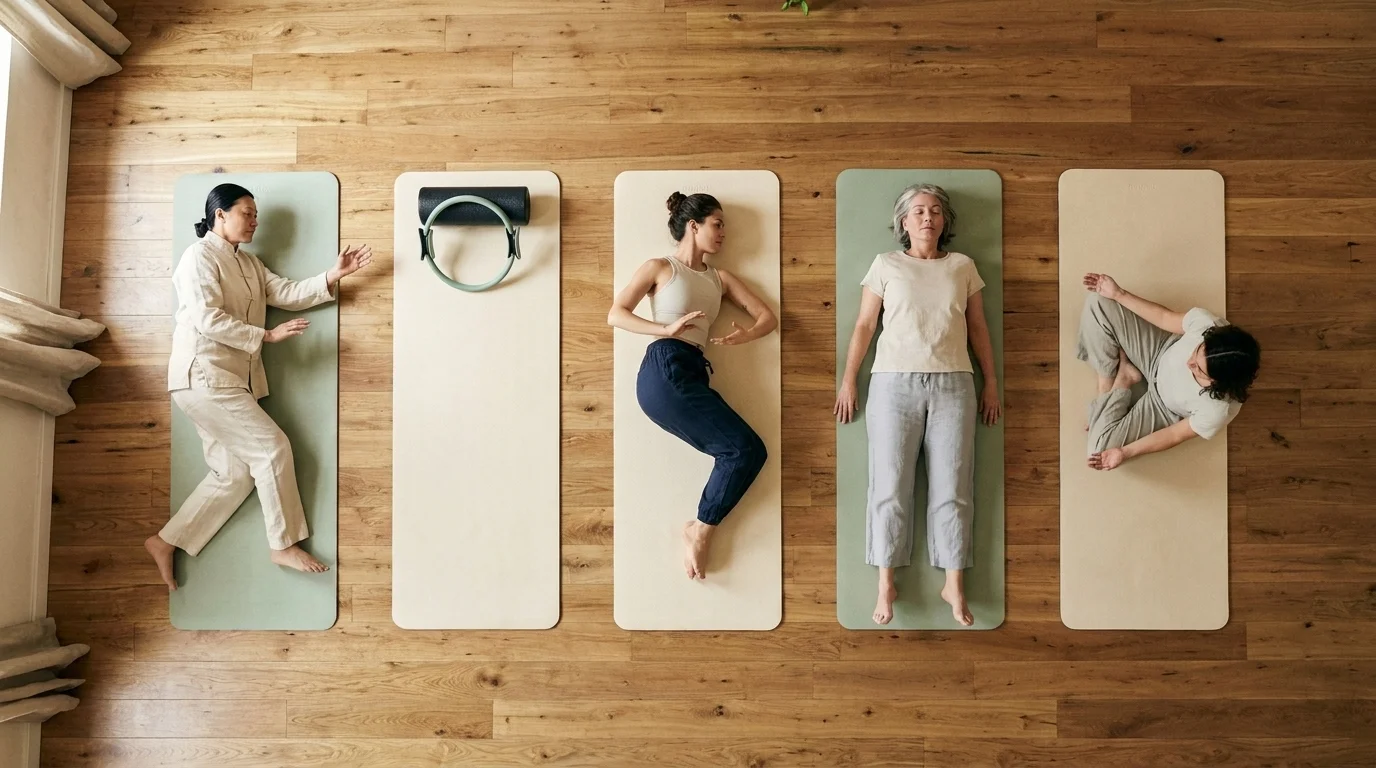 Overhead of five practice mats showing Tai Chi, Pilates, Qigong, Feldenkrais, and somatic mind-body practitioners