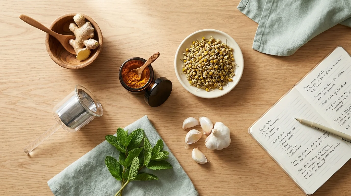 Flat-lay of five starter herbs — ginger, turmeric, chamomile, peppermint, and garlic — beside a glass tea infuser