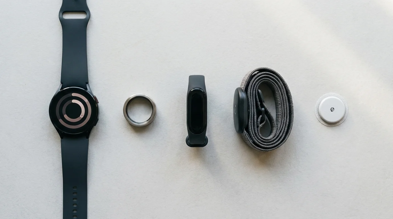 Flat lay of five wearables — smartwatch, smart ring, fitness band, chest-strap monitor, and a glucose sensor