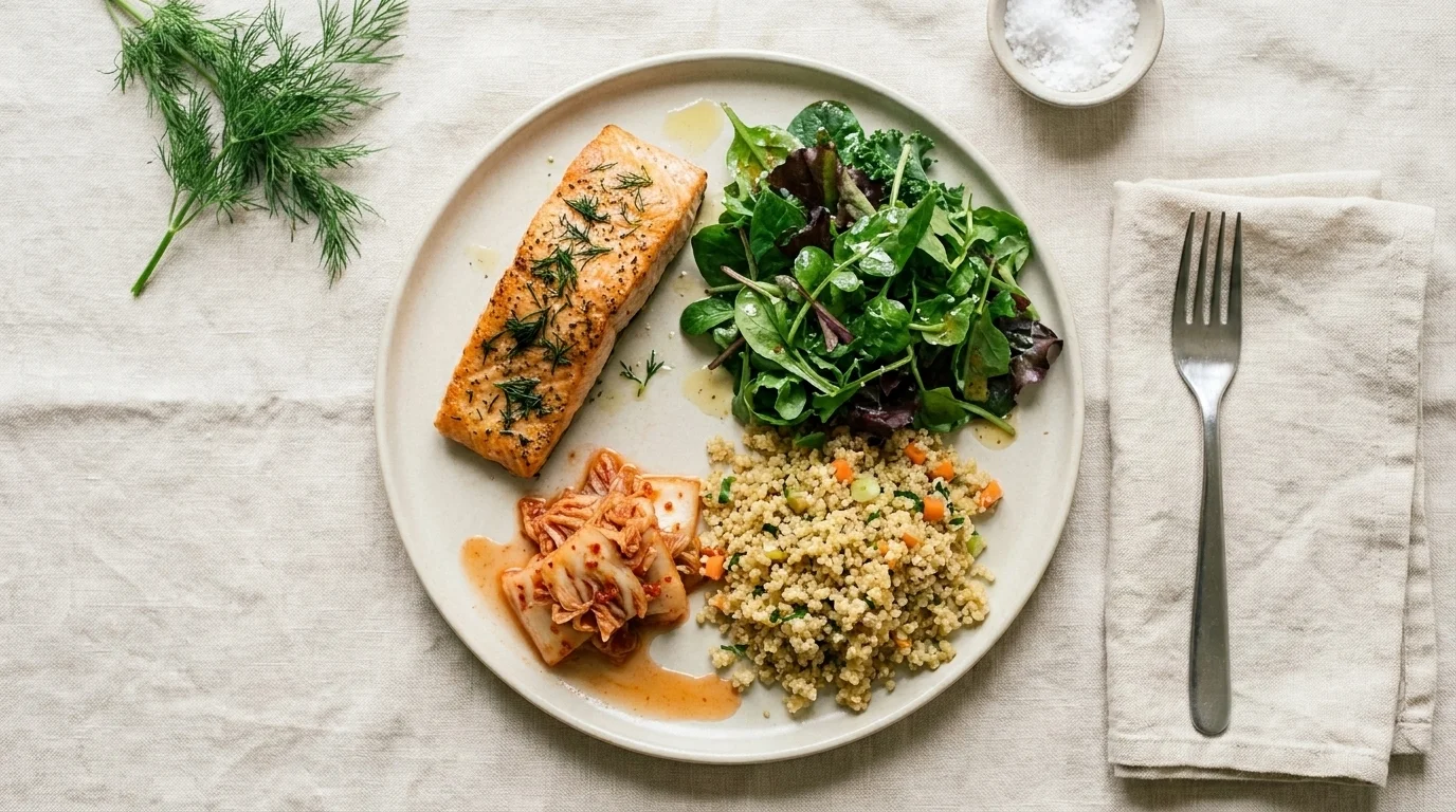 Flat-lay overhead of pale ceramic plate quartered into roasted salmon, leafy greens, kimchi, and quinoa anti-inflammatory foods