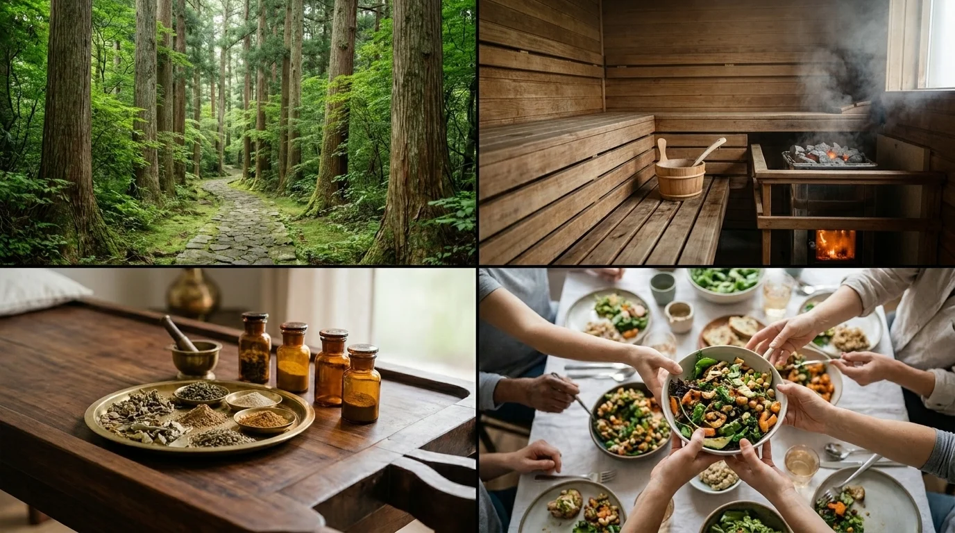 Four-panel montage of cultural wellness examples: a Japanese forest path, Finnish sauna, Ayurvedic herbs and communal meal