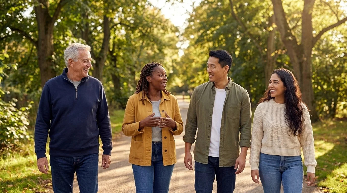Four adults of different ages walking together outdoors in a park in soft natural daylight
