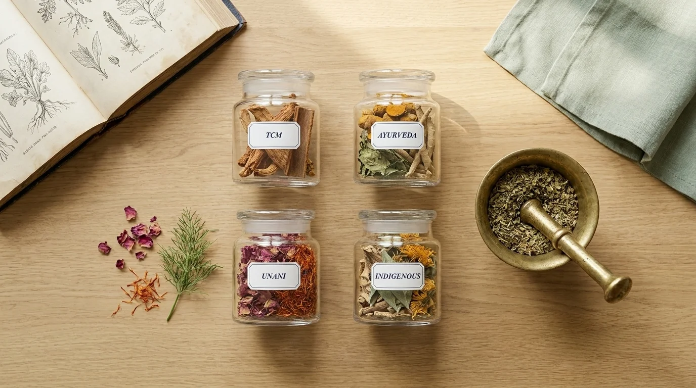 Four apothecary jars labeled TCM, Ayurveda, Unani, and Indigenous on a wood table beside an open book and brass mortar