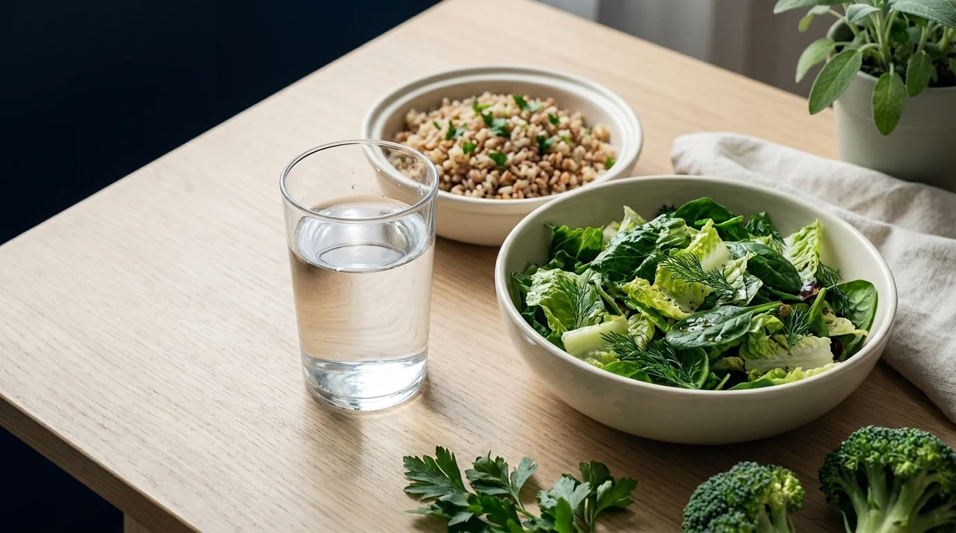 Glass of plain water beside a bowl of fresh vegetables and whole grains on a clean wood table for how to support liver function