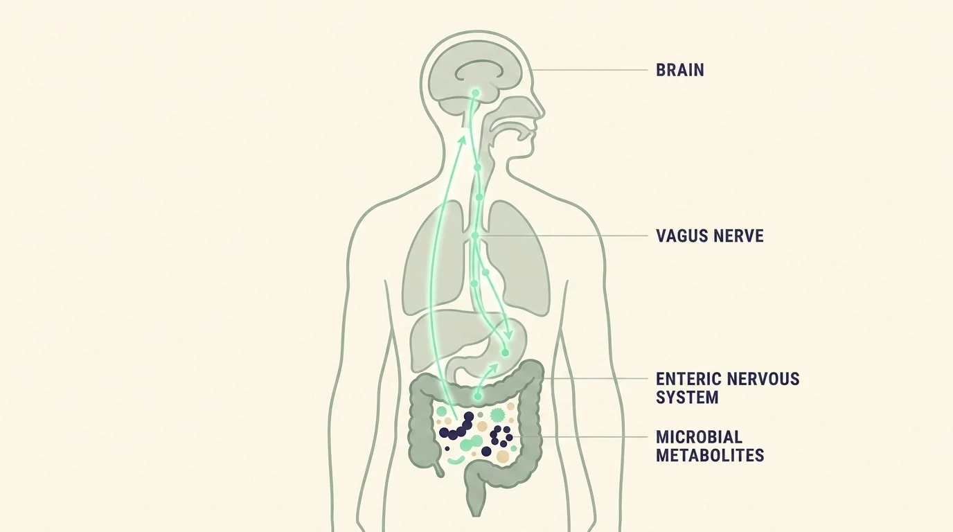 Editorial diagram of the gut-brain axis — brain, vagus nerve, and gut microbes in a stylized cross-section