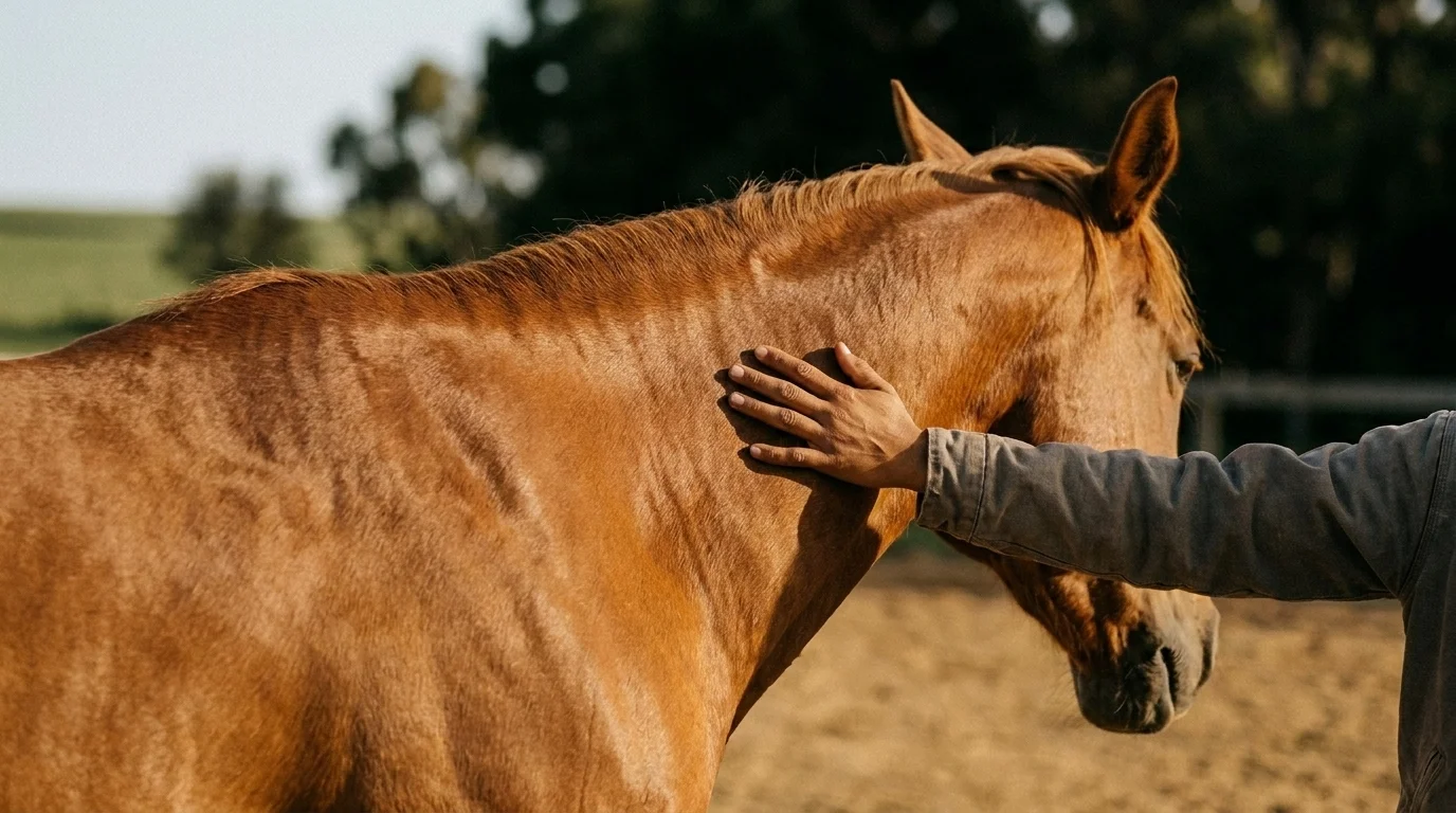A hand rests flat on a chestnut horse's neck during ground-based equine-assisted psychotherapy, ear turned in attention