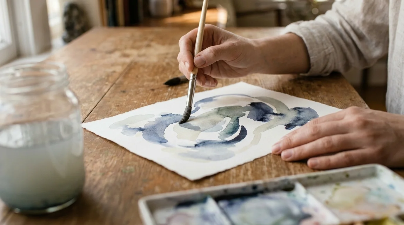 Close-up of a person's hands painting soft abstract watercolor washes at a sunlit table, a water jar and palette nearby