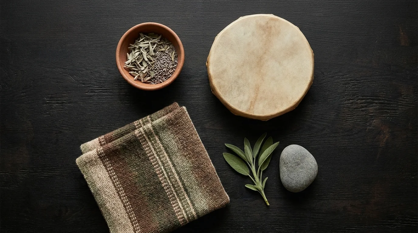 Overhead of traditional healing objects on dark wood — a clay bowl of herbs, a hand drum, woven textile, sage and a stone