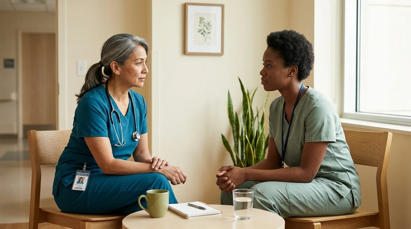 Healthcare leader in scrubs listening to a young Black nurse across a small side table in a quiet hospital corridor room
