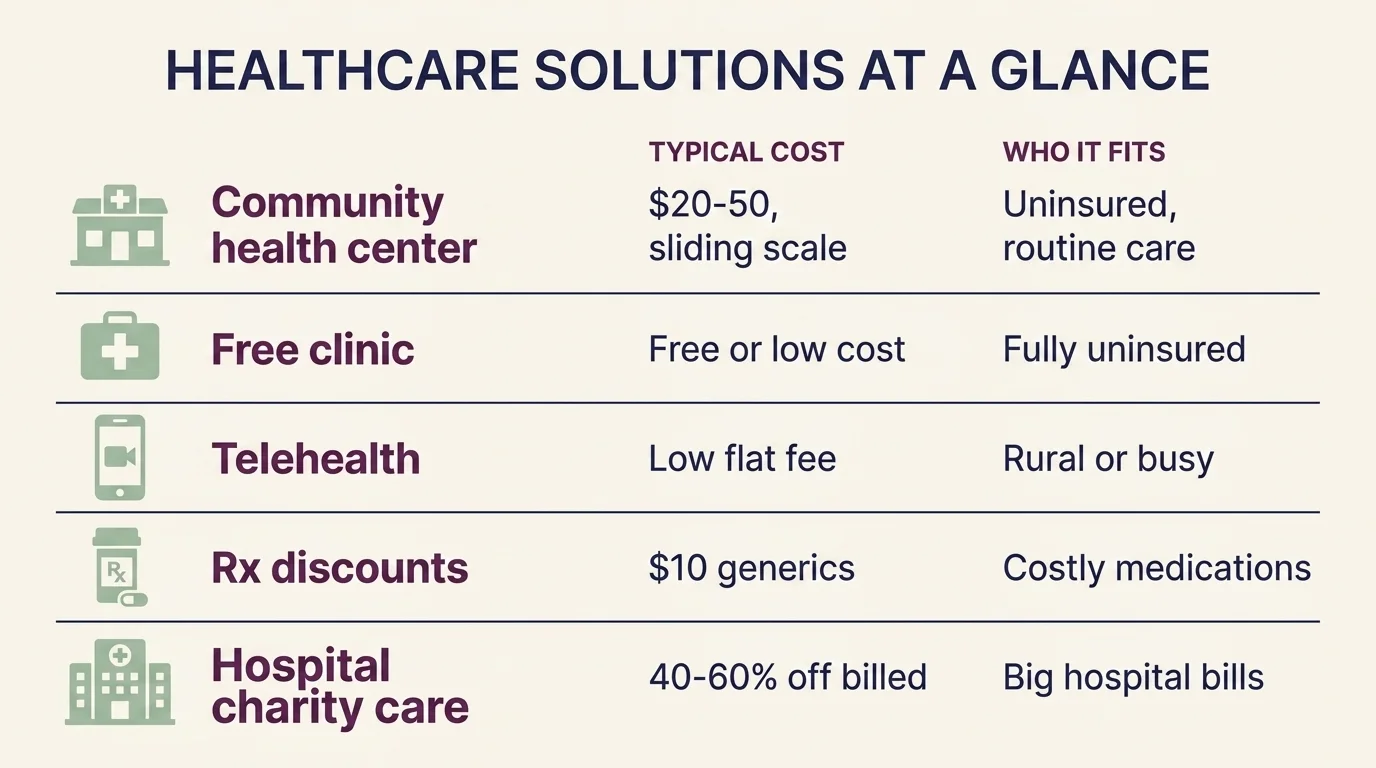 Comparison chart of five low-cost care options — community clinics, free clinics, telehealth, Rx discounts and charity care