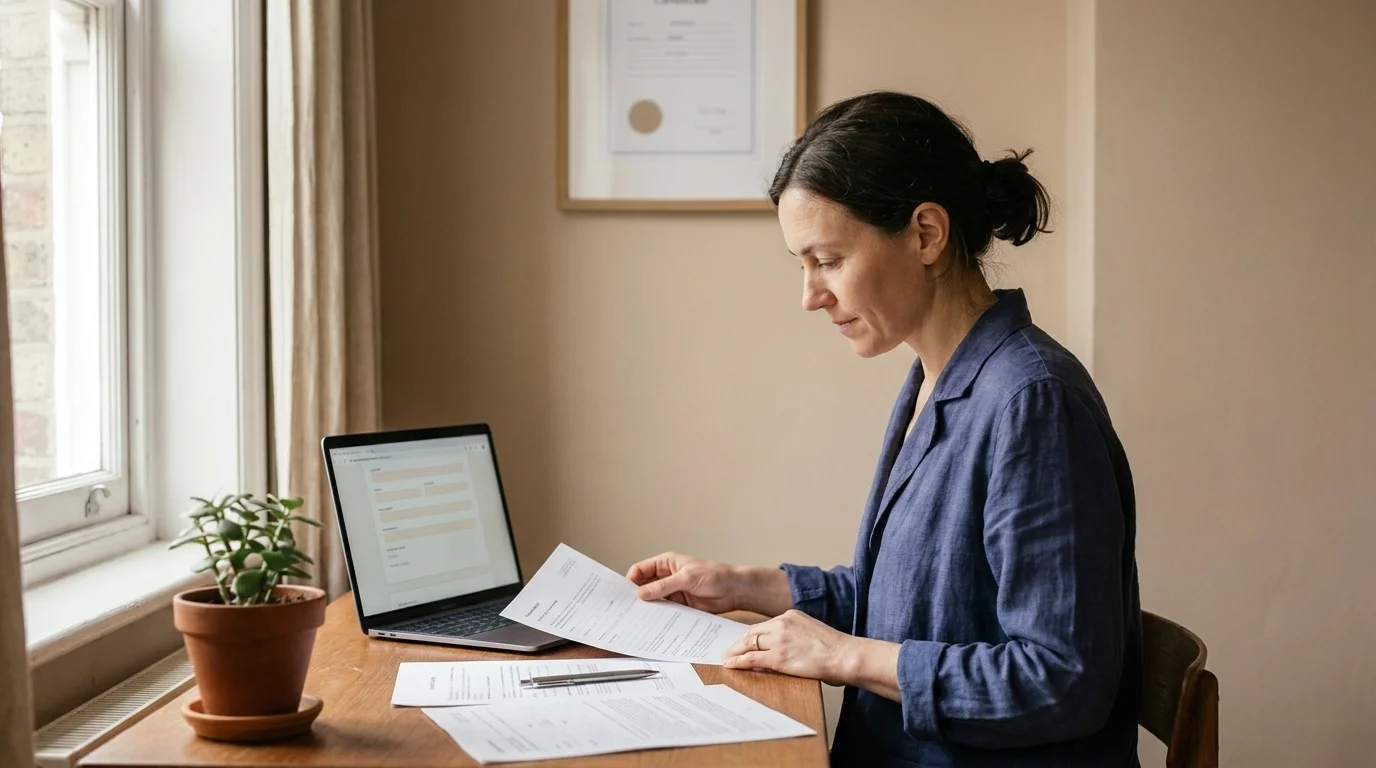 Person at a tidy home-office desk reviewing licensing and registration paperwork on a laptop, a framed certificate on the wall