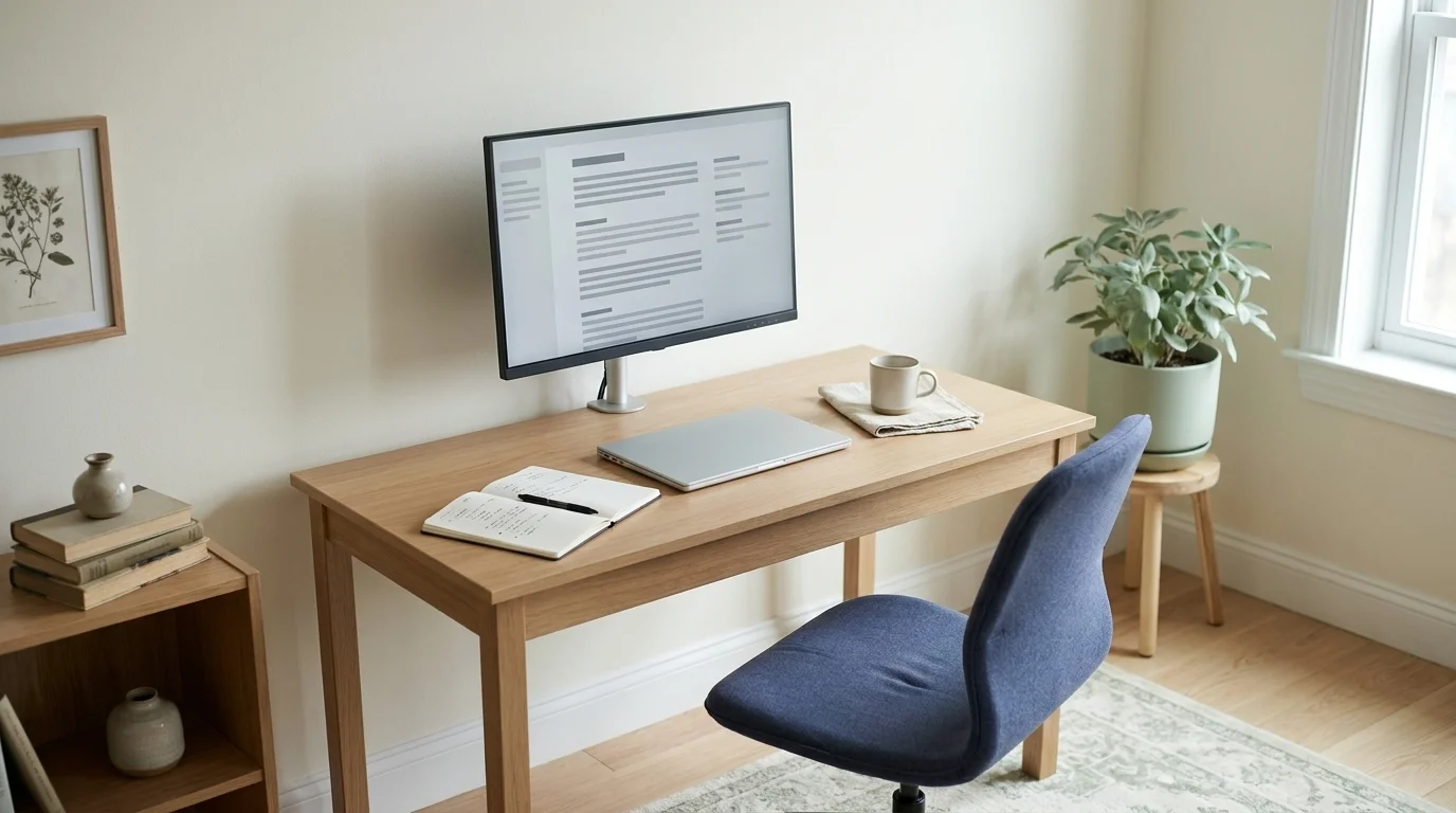 Home-office workspace with ergonomic chair, monitor at eye level, plant and notebook for a holistic workplace wellness program