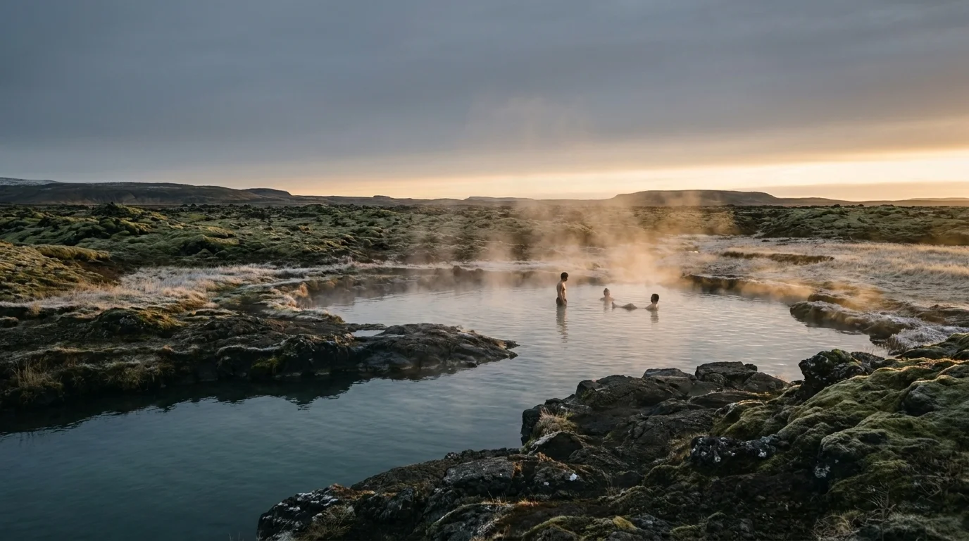 Natural Icelandic geothermal rock pool with rising steam at golden hour, three small figures visible as silhouettes
