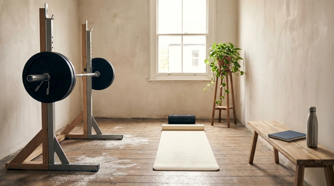 Integrated home training space with barbell rack, cream yoga mat, foam roller, and bench in midday window light