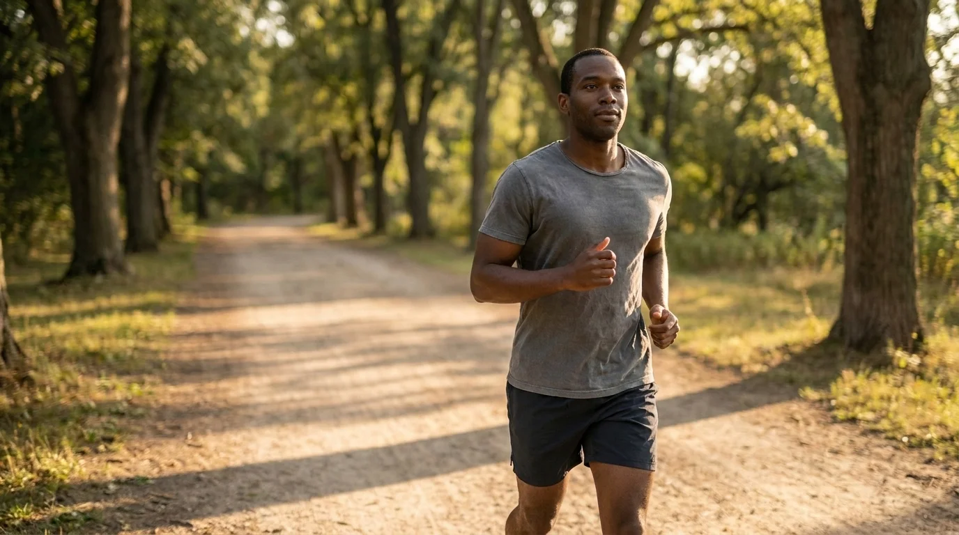Runner in an easy steady stride on a tree-lined path in warm golden-hour light, shoulders relaxed