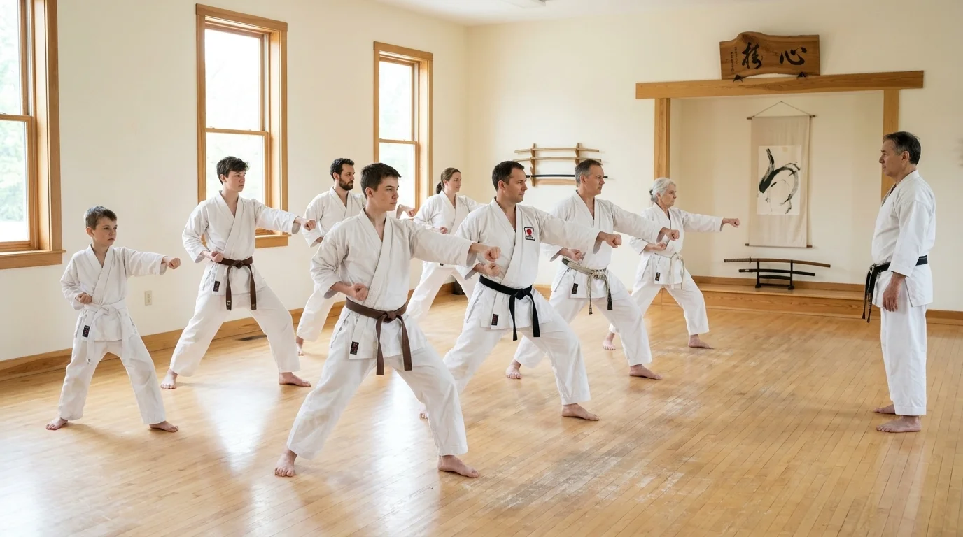 Japanese karate dojo with students of various ages practicing kata in synchronized form on a wood floor for martial arts fitness