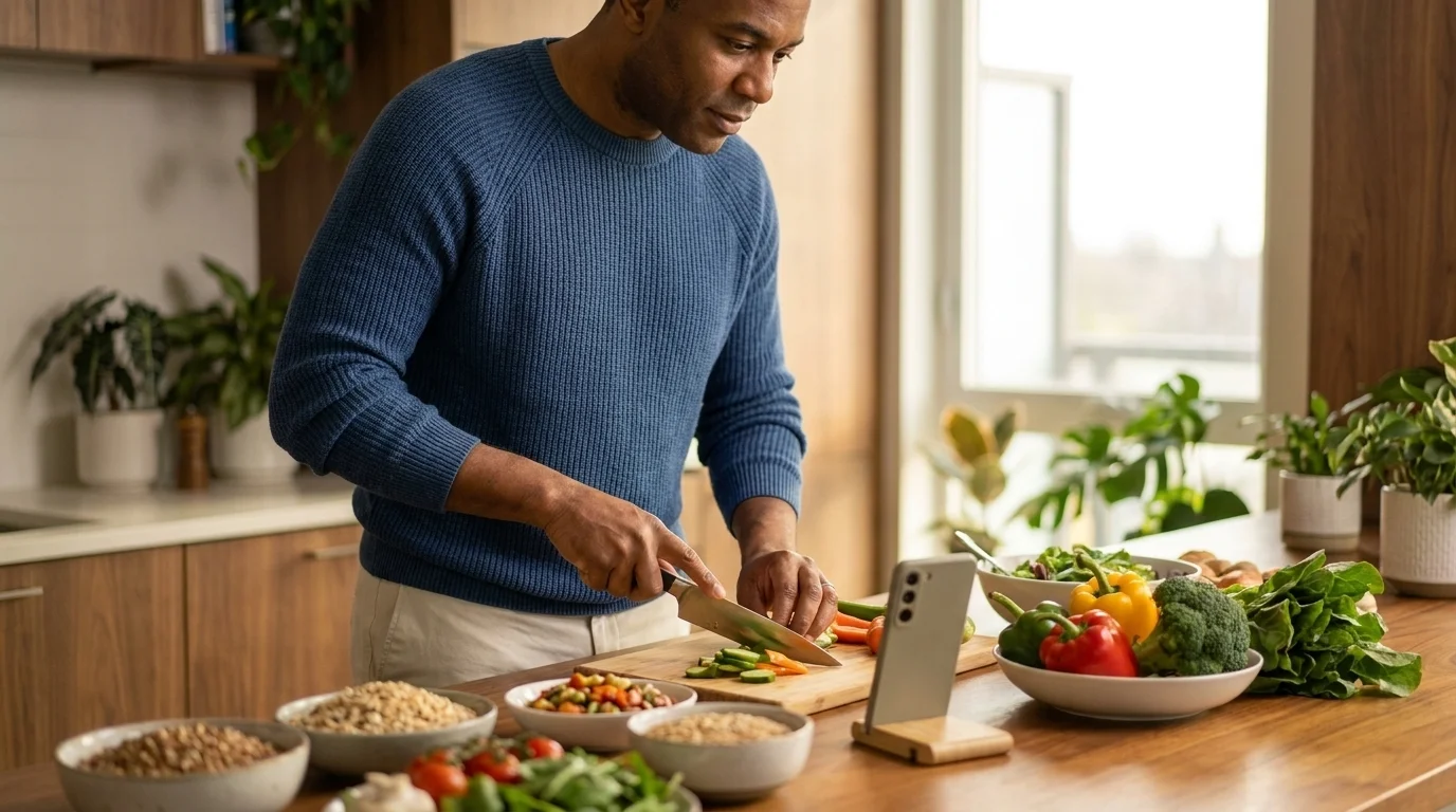 Man chopping fresh vegetables and grains at a kitchen counter while glancing at a phone propped on a stand facing him