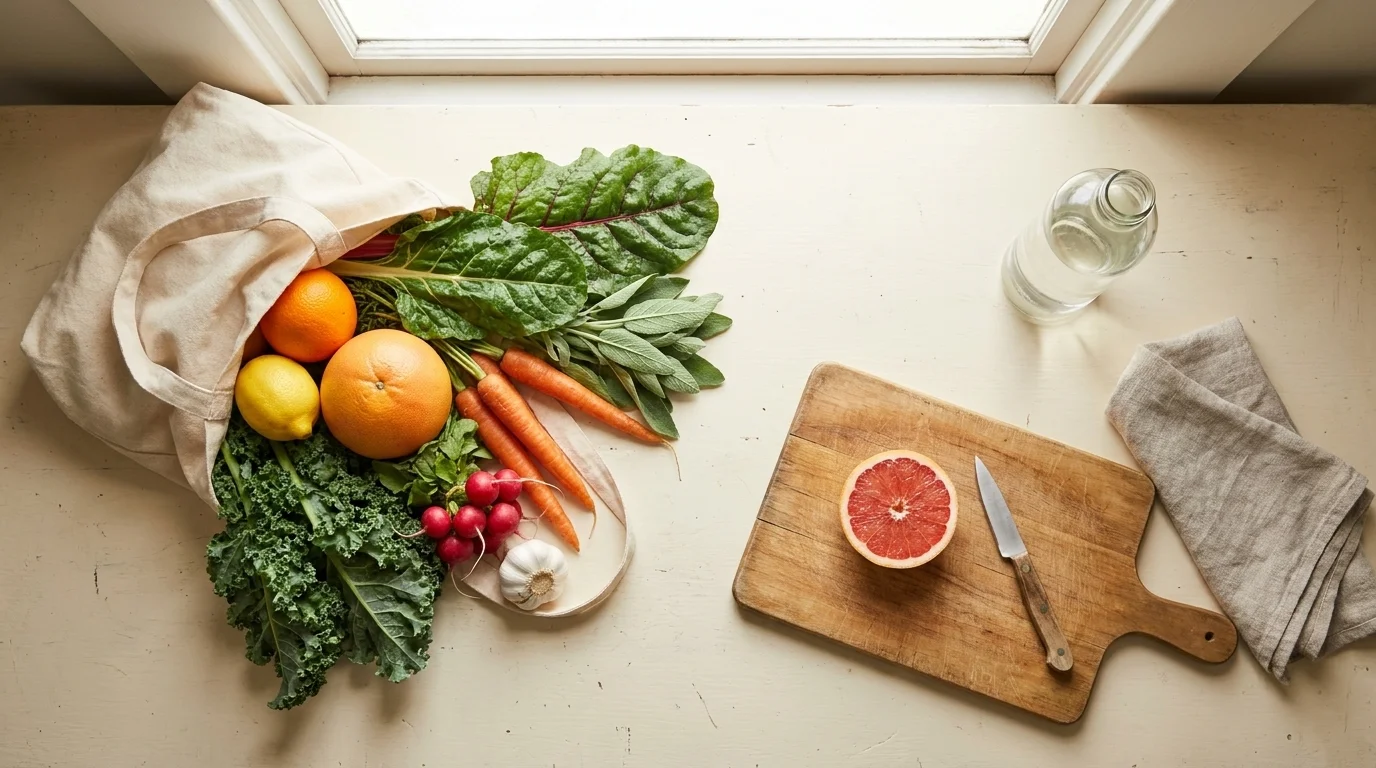 Overhead of a kitchen counter with a canvas grocery bag, leafy greens, citrus, root vegetables, and a wooden cutting board in morning light