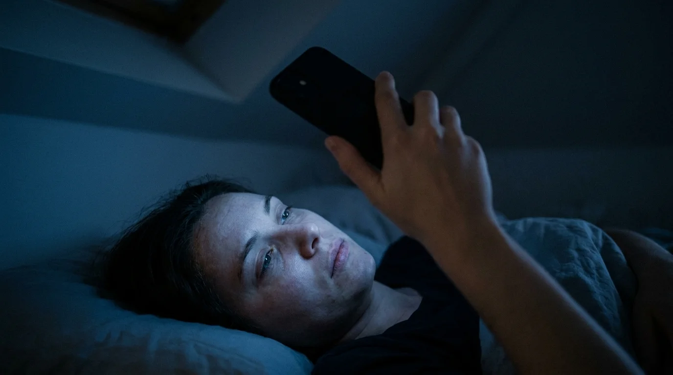 Person lying in a dark bedroom at night, face lit by the cold glow of a phone held above them, late-night scrolling