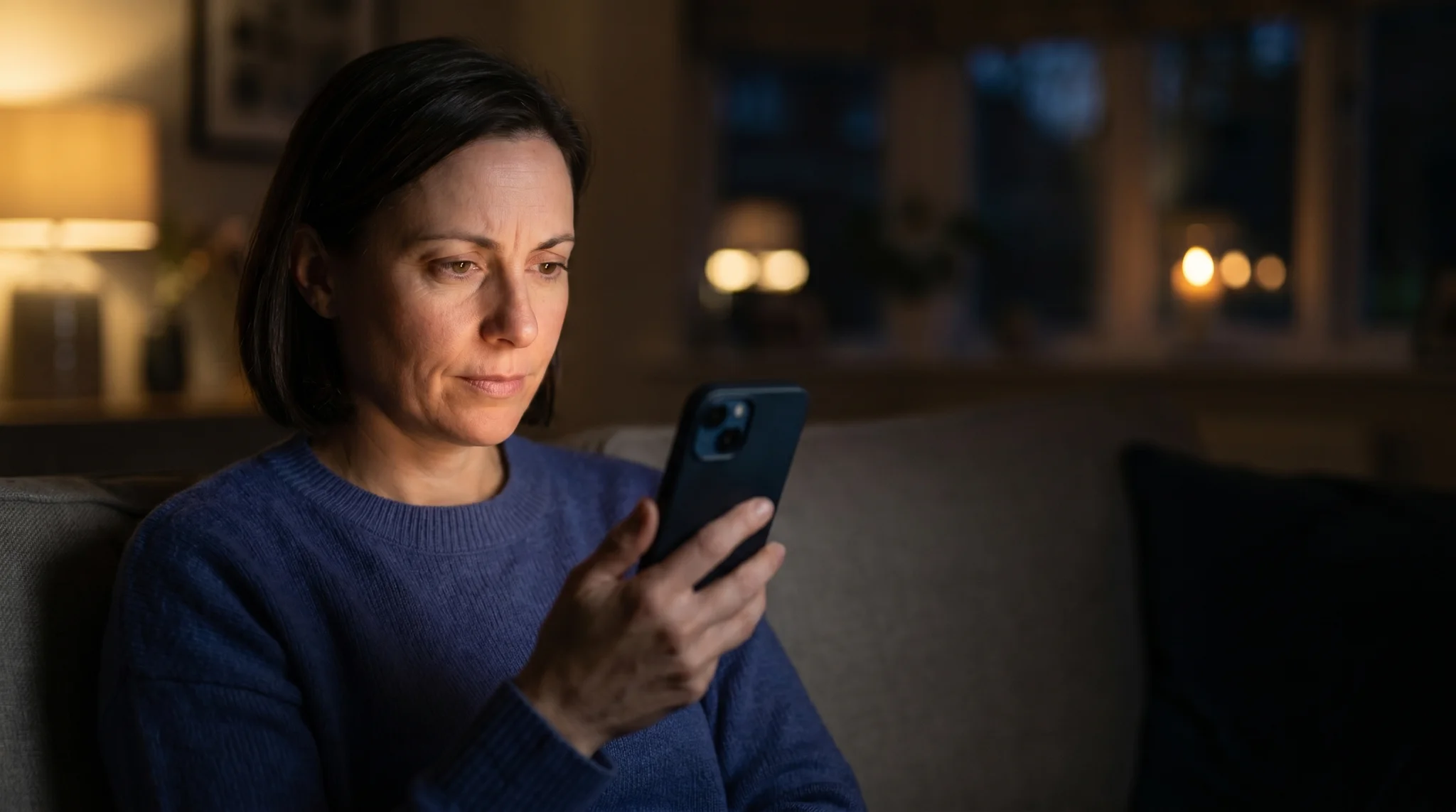 Person on a couch at night reading on a phone, its screen glow lighting her focused face in a dark room