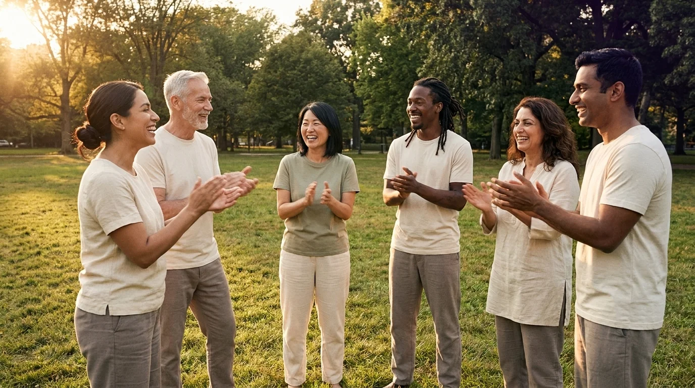 Six adults in a city-park laughter-yoga circle, arms raised mid-laugh in warm afternoon light