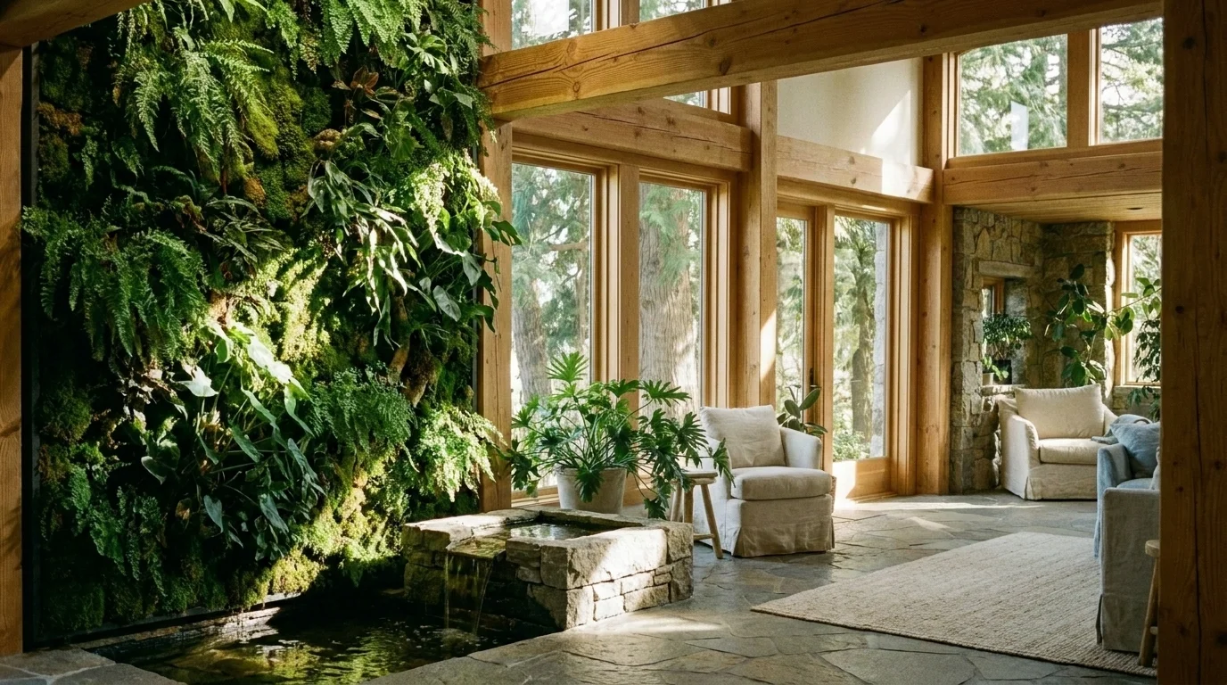Sunlit living room with a large living green wall, floor-to-ceiling windows, natural wood and stone, and a small water feature