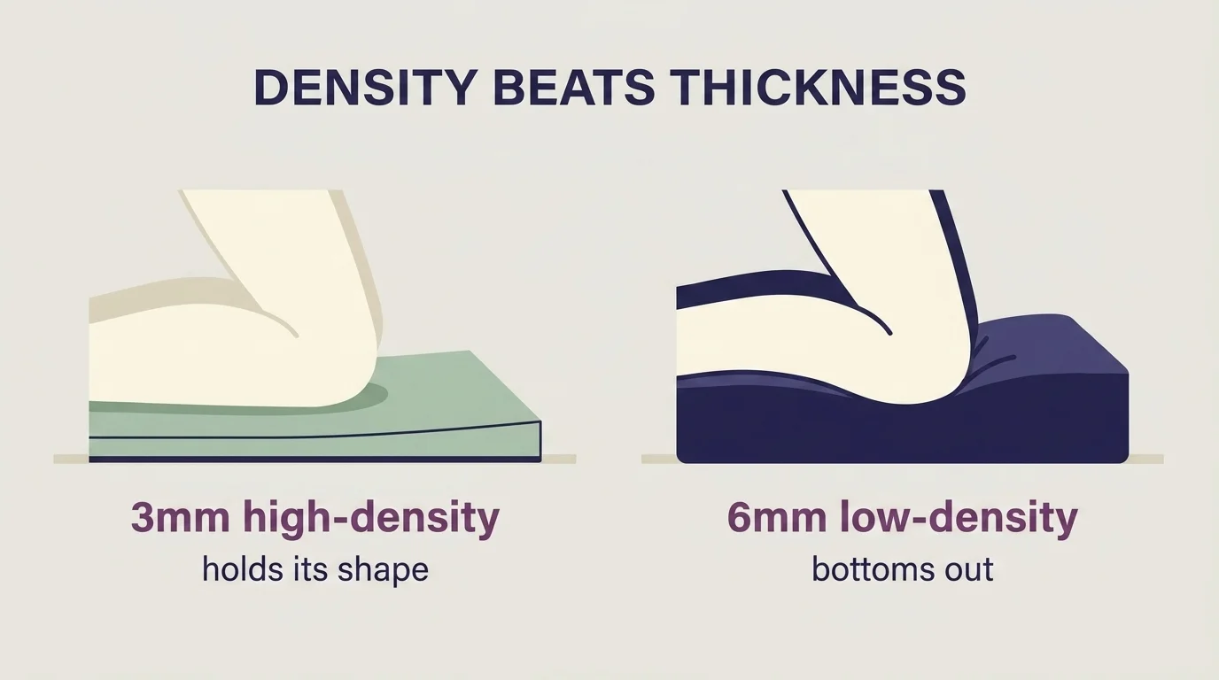 Cross-section illustration comparing a firm 3mm mat holding shape under body weight with a plush 6mm mat compressing flat