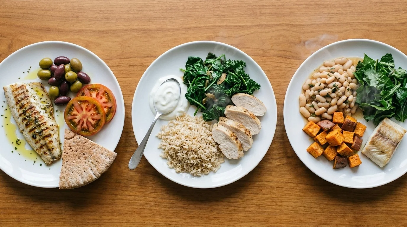Three plates compared overhead — a Mediterranean plate, a DASH plate, and a Blue Zones plate of beans and greens