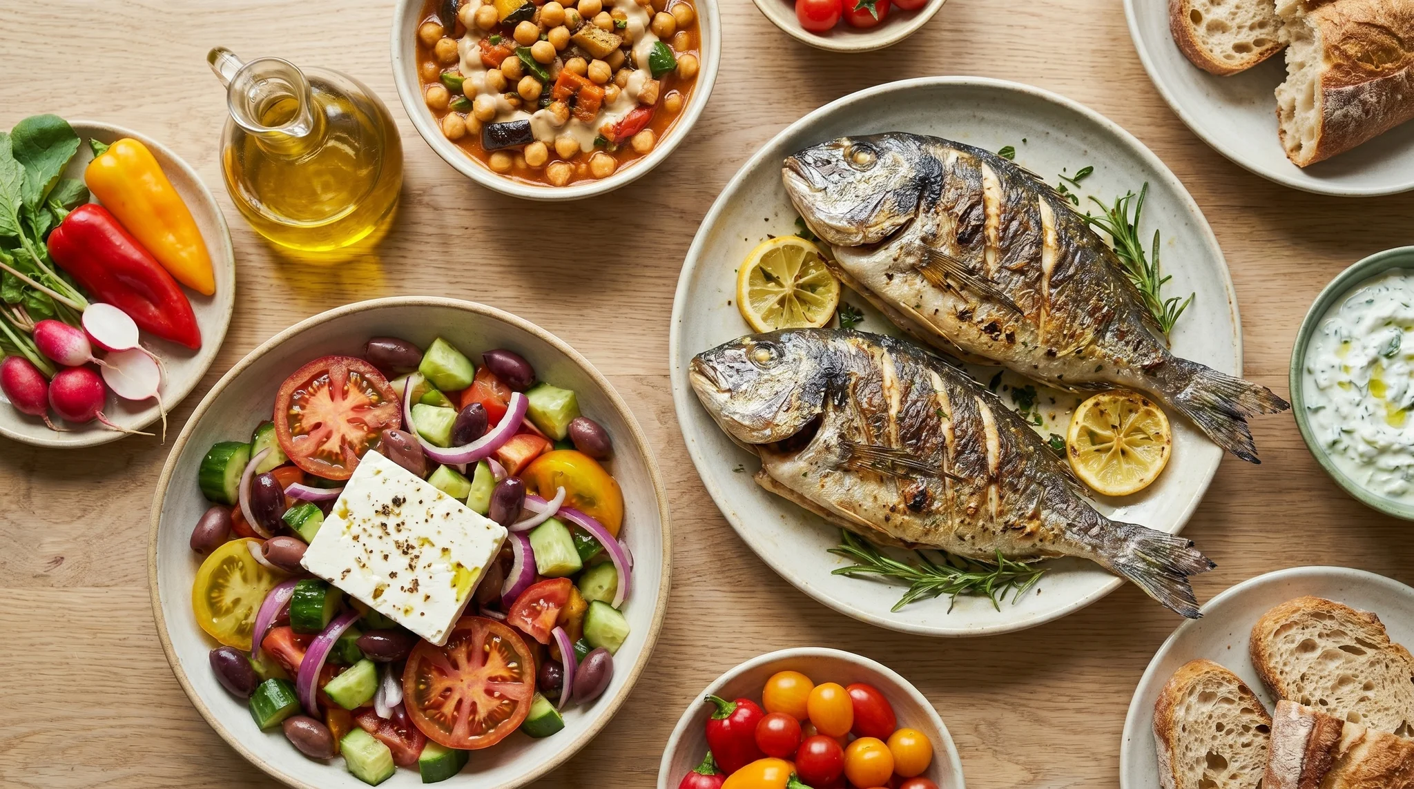 Overhead Mediterranean table spread with grilled fish, Greek salad with feta and olives, and chickpeas