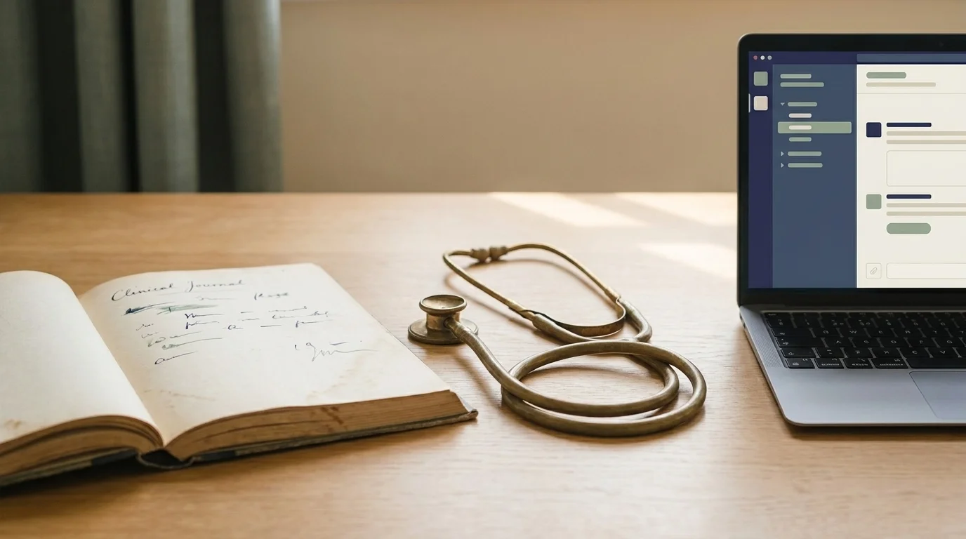 Desk still-life — an open vintage clinical journal, an antique stethoscope and a modern laptop in a row, old to new