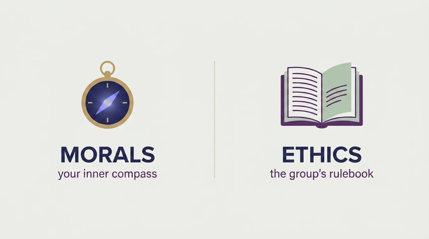 Two-part illustration contrasting morals as an inner compass with ethics as an external rulebook, side by side