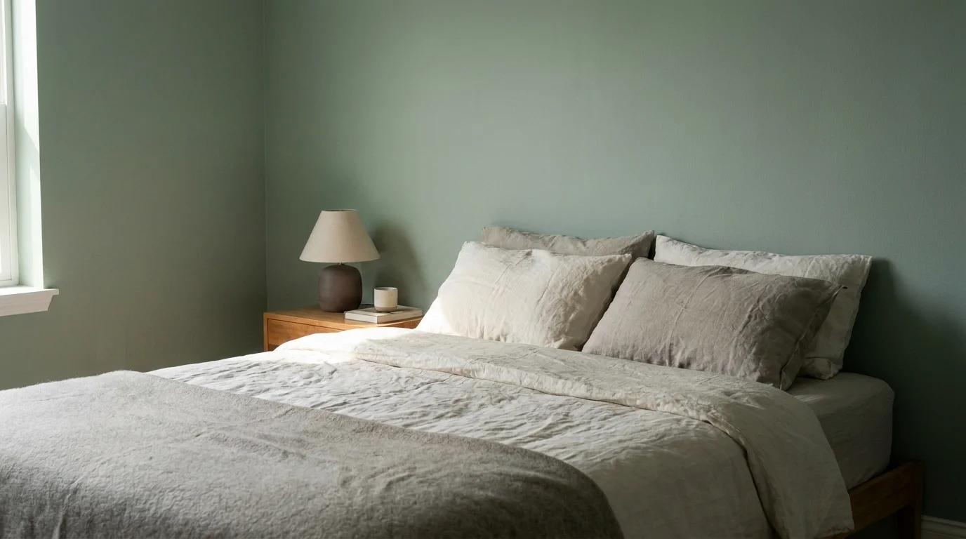 Serene bedroom with muted sage-green walls and low-contrast warm-white bedding in soft morning light