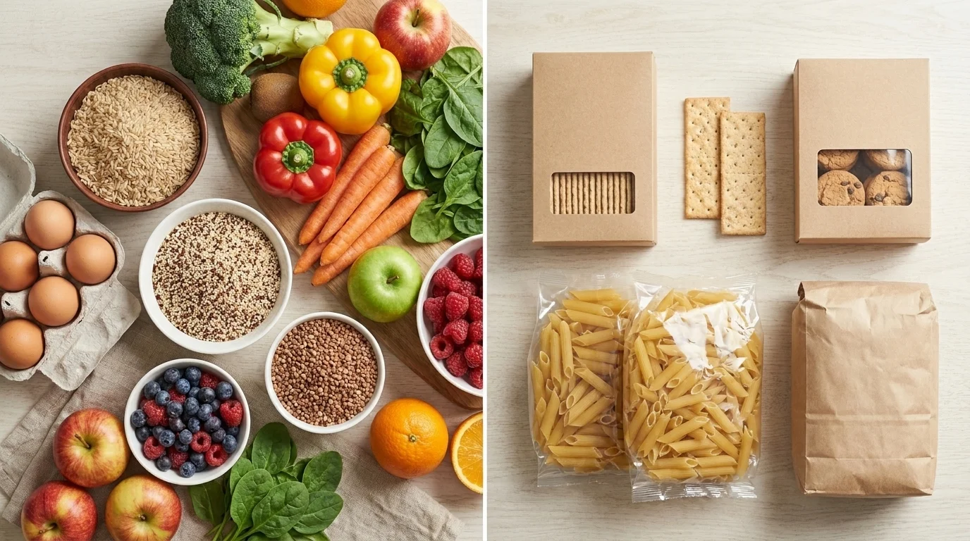 Split image of naturally gluten-free whole foods (rice, quinoa, eggs, vegetables, fruit) beside packaged gluten-free products