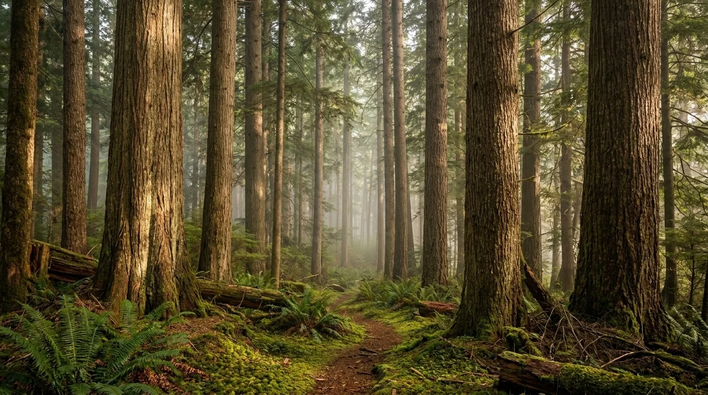 Old-growth cedar and pine forest in soft morning mist with sunlight filtering onto a mossy floor, ideal for forest bathing