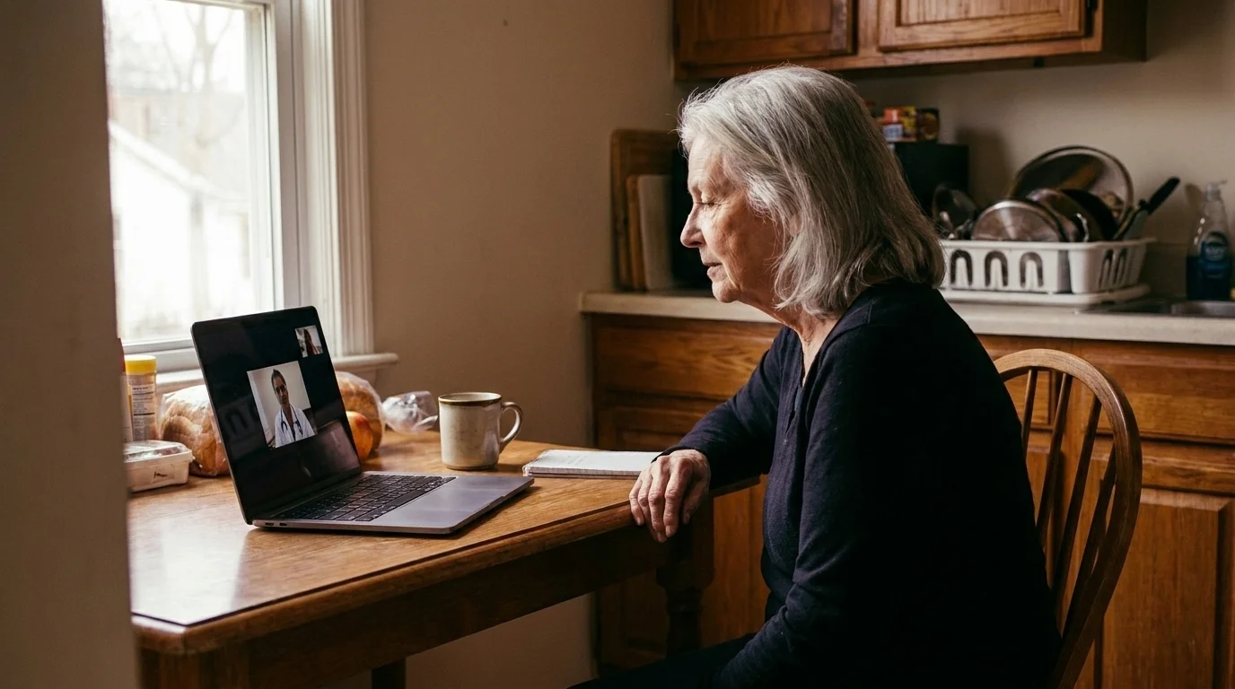 Older woman at a kitchen laptop during a video telehealth appointment, a doctor visible on the screen