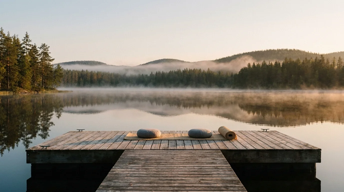 Empty open-air wooden meditation deck at dawn with cushions and a rolled mat, low mist over forested hills behind