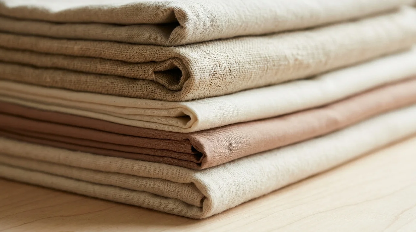 Close-up of folded organic cotton, hemp and lyocell fabrics showing natural weave and undyed texture