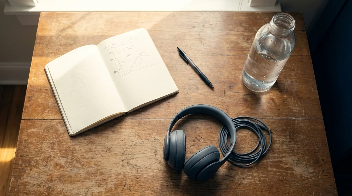 Notebook with handwritten notes beside a pen, glass water bottle, and charcoal headphones on a wood desk