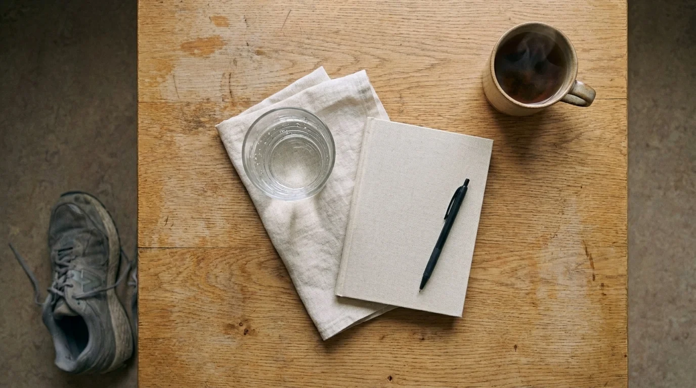 Overhead of a glass of water on a linen napkin, a closed cream notebook with pen, a steaming mug, and a running shoe