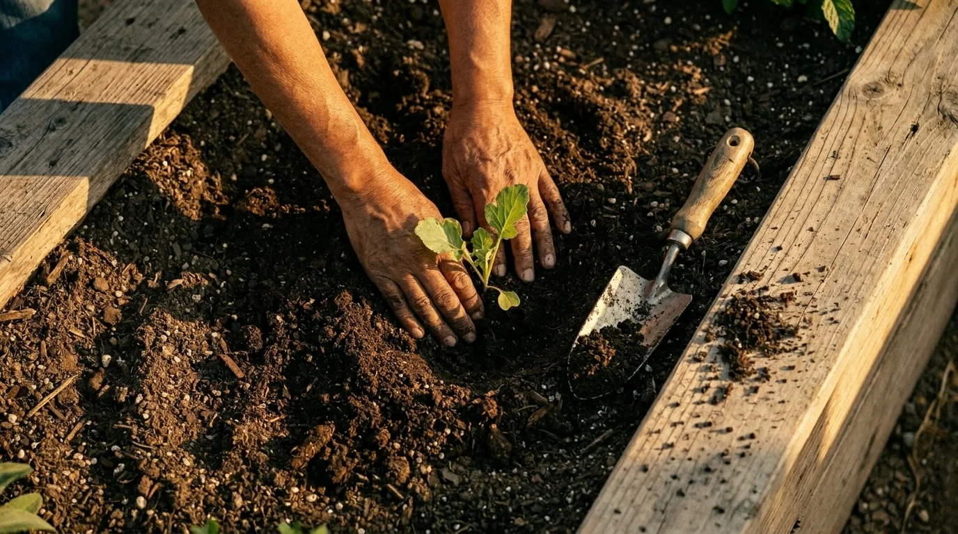 Two hands settle a leafy seedling into dark soil in a raised bed, a wooden trowel beside them in warm light