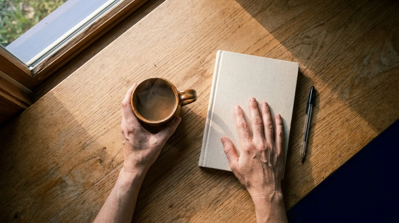 Overhead of two hands at a sunlit wooden table — one cupping a steaming mug, one flat on a cream-cloth notebook beside a pen