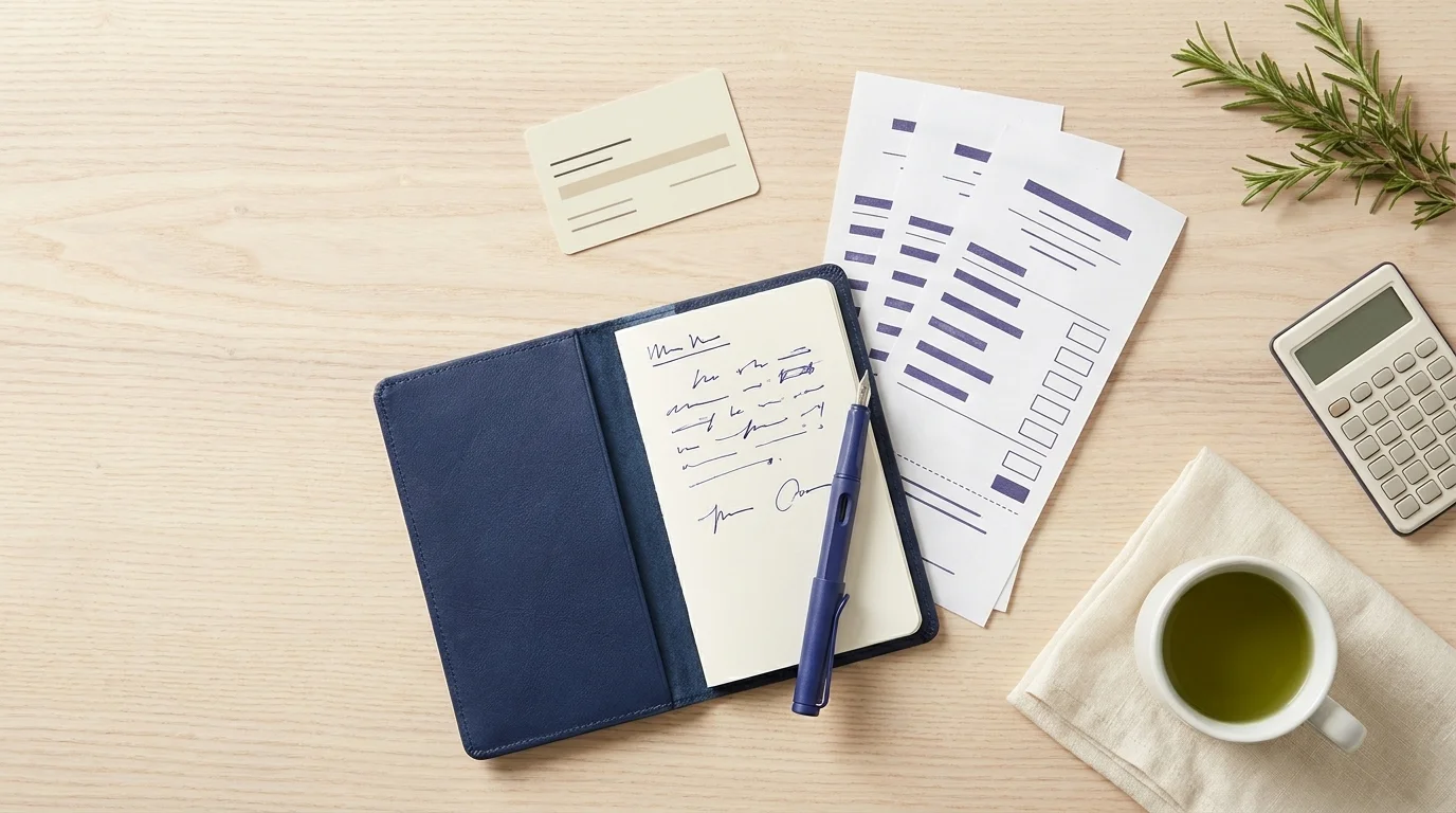 Overhead home-office desk with insurance card, notebook, calculator, printed receipts and tea for integrative medicine cost