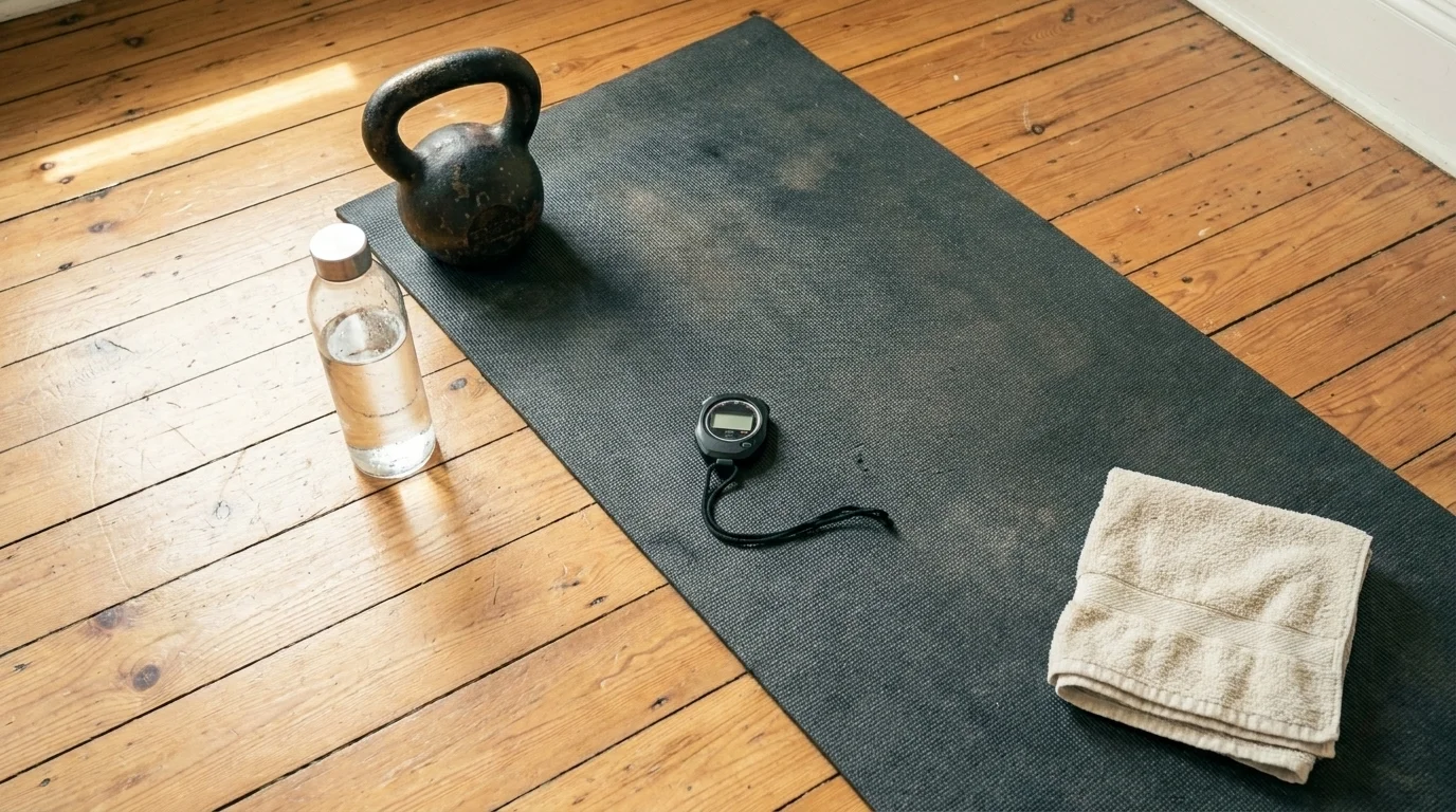 Charcoal mat on a wood floor with a cast-iron kettlebell, stopwatch, water bottle, and folded cream towel