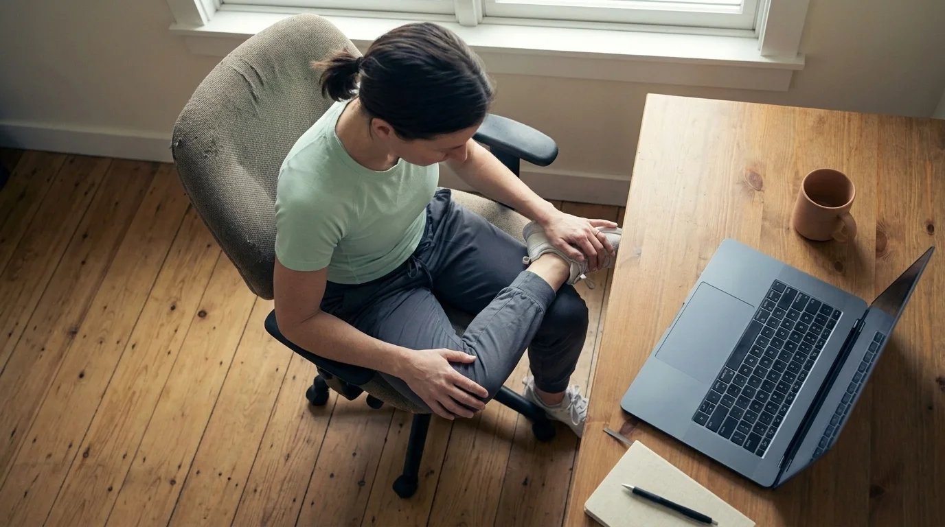 Overhead of a woman in an office chair with right ankle crossed on left thigh, in a seated figure-4 stretch