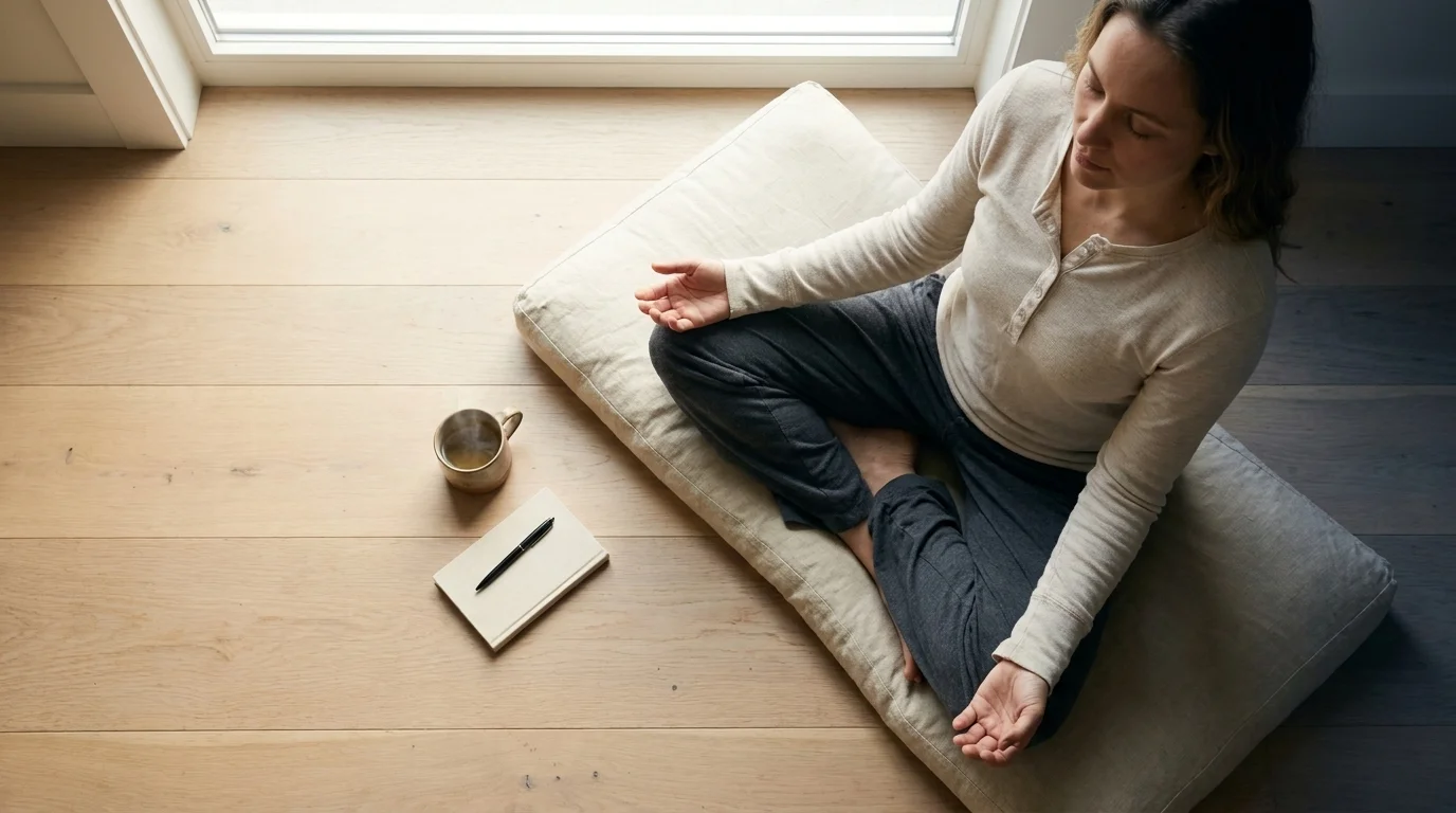 Overhead of a woman cross-legged on a cream cushion by a sunlit window, eyes closed, mug and notebook on the floor