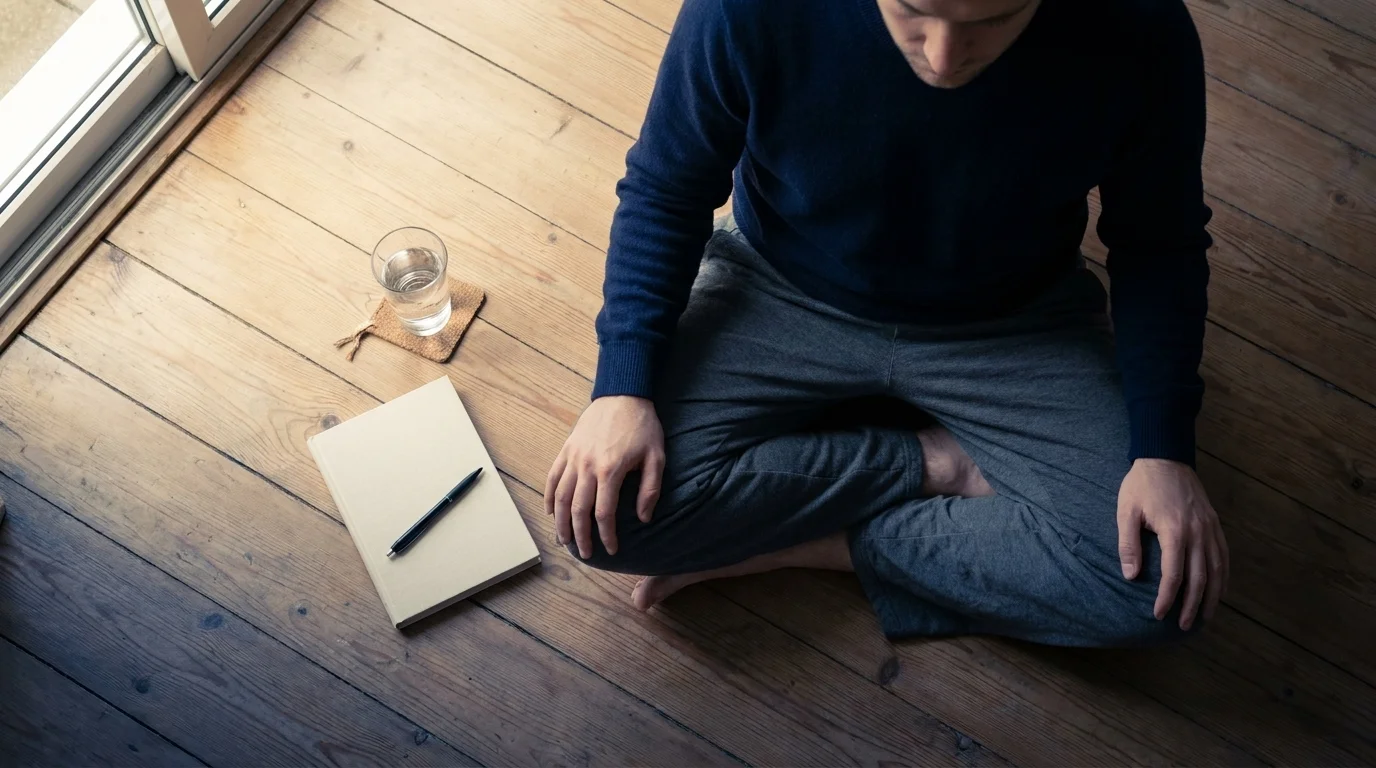 Overhead of a man cross-legged on a sunlit wood floor with a closed notebook, pen, and glass of water beside him