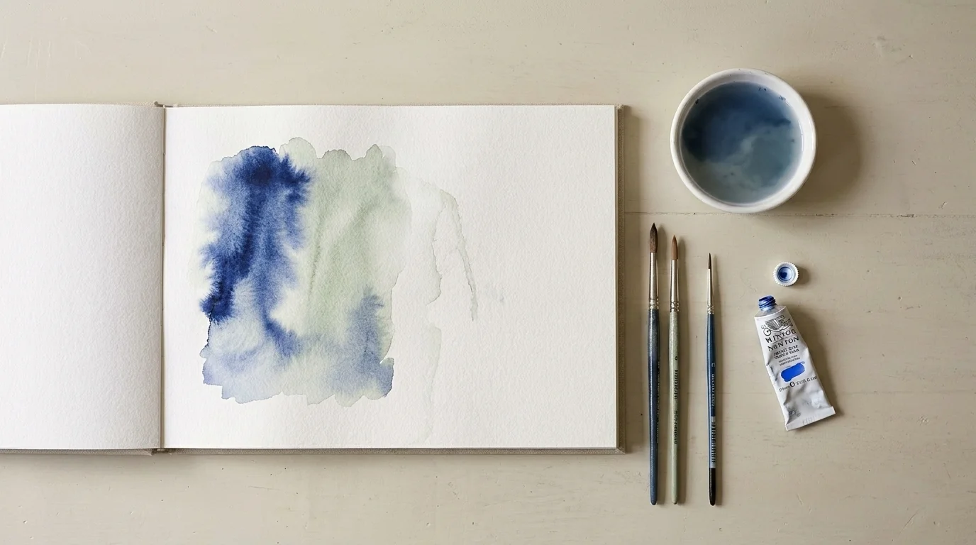 Overhead view of an open sketchbook with a half-finished cobalt watercolor wash, ceramic water dish, and three brushes