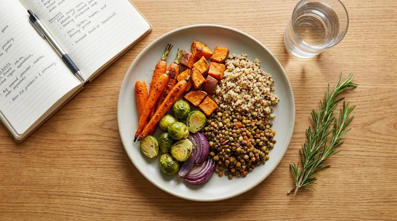 Overhead flat-lay of a vegetable, grain and legume plate beside an open notebook and pen on a wooden kitchen table
