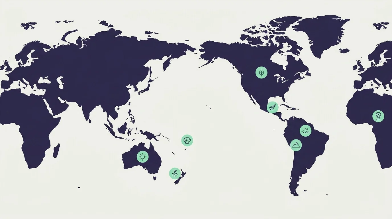 A Pacific-centered flat map with eight markers for indigenous healing regions across the Pacific, Andes, and beyond