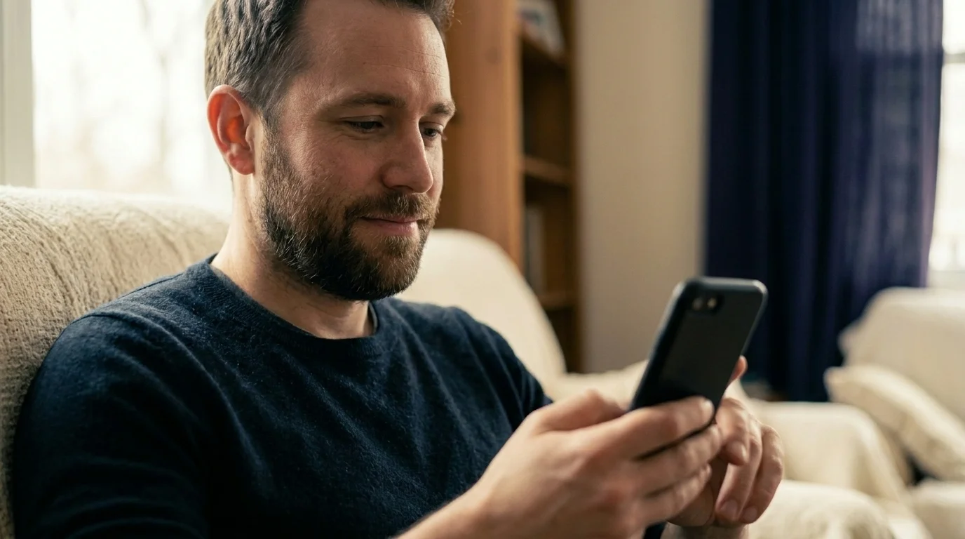 Close-up of a person quietly absorbed in a video on their phone, drawn in and attentive, in soft indoor light